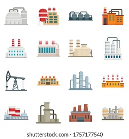 Refinery plant icons set. Flat set of refinery plant vector icons for web design