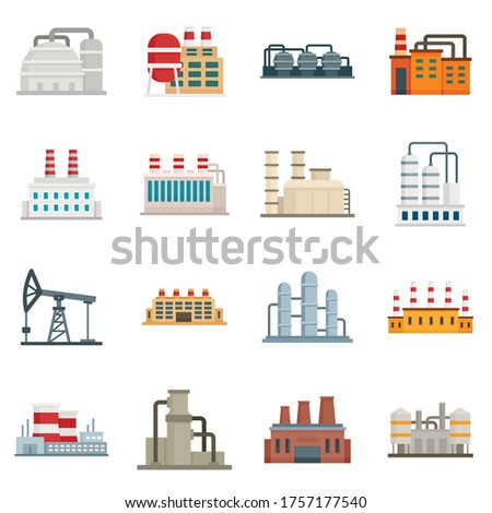 Refinery plant icons set. Flat set of refinery plant vector icons for web design