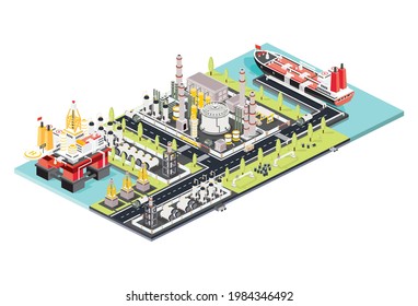 Refinery Plant. Isometric Tank Farm. Offshore Oil Rig. Maritime Port with Tanker Moored at an Oil Storage Silo Terminal. Oil Petroleum Industry. Vector Illustration. Industrial Sea Port.