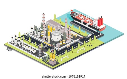 Refinery Plant. Oil Tank Farm. Maritime Port with Oil Tanker Moored at an Oil Storage Silo Terminal. Oil Petroleum Industry. Isometric Concept. Vector Illustration. Industrial Sea Port.