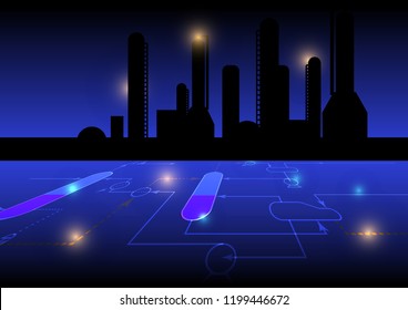 Refinery Silhouette Background with Distillation Process Flow Chart Diagram. Futuristic Flat Vector Illustration. Oil and Gas Industry Concept.