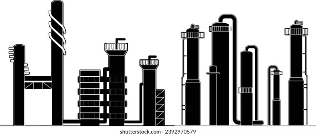 Refinery silhouette drawing showing crude oil distillation and gas processing units with vessels, columns, piping, and catwalk