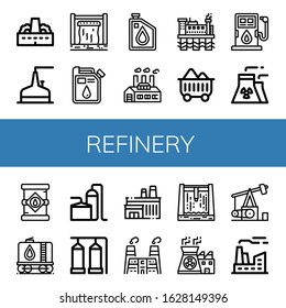 refinery simple icons set. Contains such icons as Factory, Storage tank, Dam, Oil, Oil rig, Coal, Fuel, Nuclear plant, Oil tank, Tank, Nuclear power, can be used for web, mobile and logo