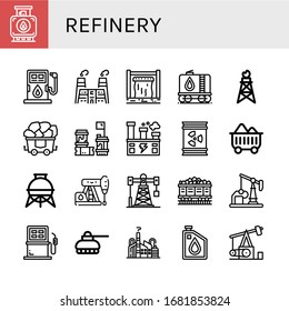 ajuste de iconos sencillos de refinería. Contiene iconos como Tanque, Combustible, Fábrica, Represa, Ataque, Carbón, Barriles, Barrel, Depósito de almacenamiento, Petróleo, Aceite de plataforma, se puede utilizar para web, móvil y logotipo