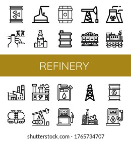 refinery simple icons set. Contains such icons as Barrel, Power plant, Storage tank, Oil, Oil pump, Coal, Nuclear plant, Oil rig, Factory, can be used for web, mobile and logo