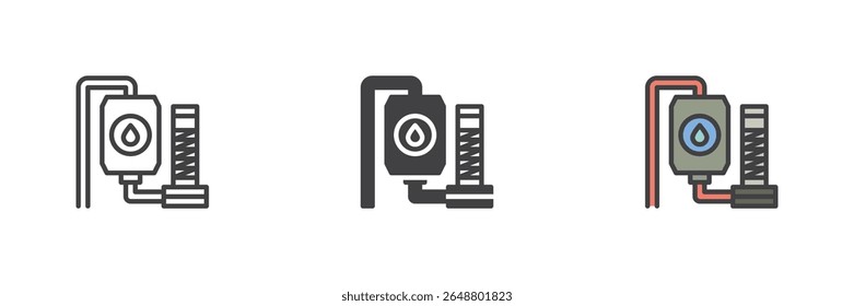 Refinery system icon set with pipework shown in line, solid and filled outline styles. Represents oil processing equipment and fluid pipeline networks. Colorful vector icon pack.