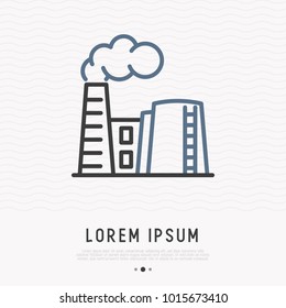 Refinery thin line icon. Modern vector illustration of factory with smoke from chimney.