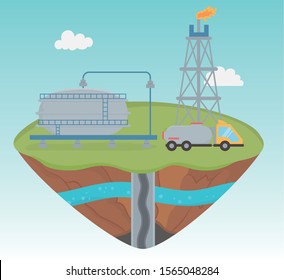 refinery tower and truck industry process fracking vector illustration