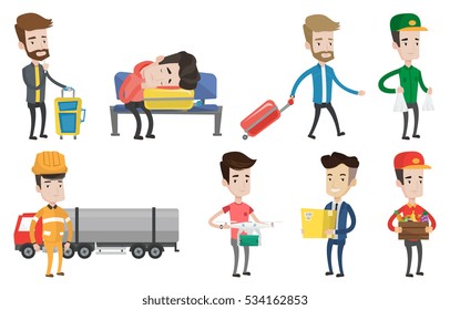 Refinery worker of oil and gas industry. Refinery worker standing on the background of fuel truck. Man working at refinery plant. Set of vector flat design illustrations isolated on white background.