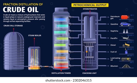 Refining Crude Oil The Process of Fractional Distillation vector infographics design