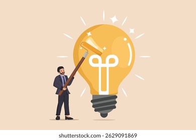 Refining and Polishing Business Ideas: A Businessman Using a Roller to Enhance a Large, Glowing Lightbulb.