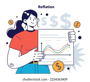 Reflation. Fiscal or monetary policy designed to expand output, stimulate spending, and curb the effects of deflation. Flat vector illustration.