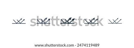 Reflect icon set. bounce surface arrows vector symbol. anti uv ray light protection properties sign. sunlight or heat block icon. reflection arrows symbol in black filled and outlined style.