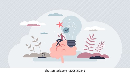 Reflect on idea, think over and consider solution again tiny person concept. Creative problem achievement with mind doubt and ambiguity vector illustration. Make sure after confusion about outcome.