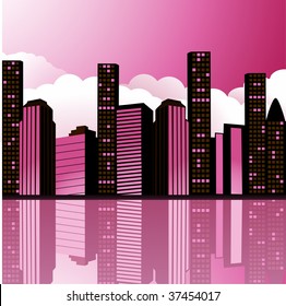 Reflected city scene with office blocks and skyscrapers