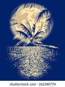 Reflected In The Ocean Full Moon On Vagator, Goa, India On A Dark Blue Background With Silhouettes Of Palm Trees