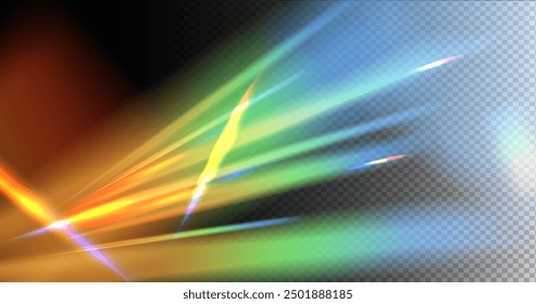 Rayas reflejadas del arco iris, refracción de la luz, resplandor del sol, resplandor de la luz. Reflejo de destello de luz de cristal. Luces de arco iris, superposición de rayas. Efecto de prisma de luz de reflexión sobre fondo transparente.