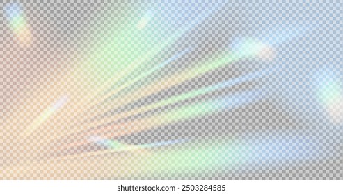 Reflected rainbow stripes, refraction of light, sun glare, light glare. Crystal light flare reflection. Rainbow lights, streak overlay. Reflection light prism effect on transparent background.
