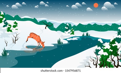 reflected in the water, wild roe deer drinks from a river flowing among snowy hills and fields with coniferous trees against a forest and sky with the sun, clouds and snowflakes. winter natural landsc