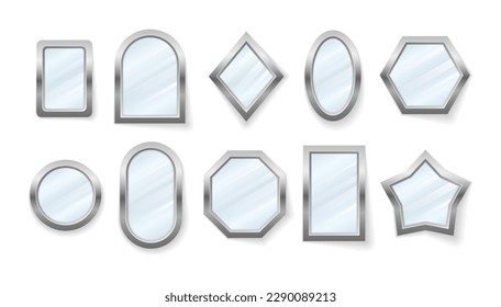 Reflecting glass surfaces isolated.Mirrors set of different shapes isolated. Realistic mirror frame, white mirrors template. Realistic design for interior furniture. 