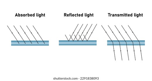 Absorción reflectante y transmisión de la luz. La luz cae sobre una superficie. Propiedades del diagrama de luz. Ilustración vectorial aislada en fondo blanco.