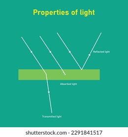Absorción reflectante y transmisión de la luz. La luz cae sobre una superficie. Propiedades del diagrama de luz. Ilustración vectorial aislada en pizarra.