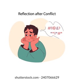 Reflection after Conflict concept. A young boy reflects on a recent argument, contemplating the exchange with a troubled expression. Flat vector illustration