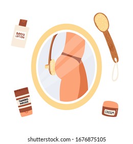 In the reflection of the bathroom mirror, the girl makes a dry massage flesh brush with natural bristles. Around cosmetics for burning fat and skin care , body lotion, tanning mousse, cream. 