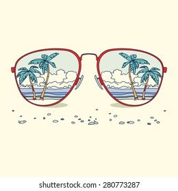 Reflection Of The Beach, Palm Trees, Beach In Sunglasses. Vector Background