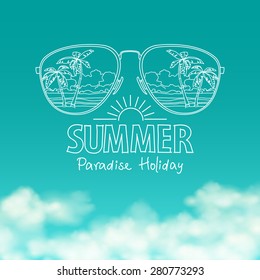 Reflection of the beach in sunglasses in the sunny blue sky  vector background