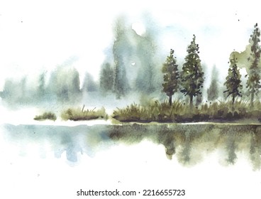 Reflection of  beautiful pine trees in lake watercolor