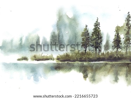 Reflection of  beautiful pine trees in lake watercolor