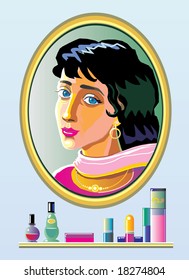 Reflection of brunette woman in the mirror