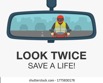 Reflection In A Car Rear Mirror Of A Biker Riding A Motorcycle. Back Side View. Flat Vector Illustration Template.