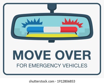 Reflection In A Car Rear Mirror Of An Emergency Vehicle. Red And Blue Flashing Lights. Move Over For Emergency Vehicles. Flat Vector Illustration Template.