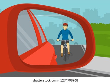 Reflection in a car wing mirror of a man riding a bicycle. Back side view. Flat vector illustration template.