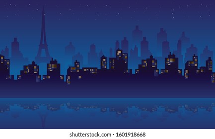 Reflection city buildings of paris in the night