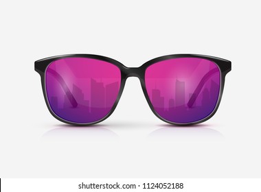 Reflection of the city in the glasses. Vector realistic modern eyeglasses with ultraviolet gradient lens. Summer vacation holiday beach pool party. 