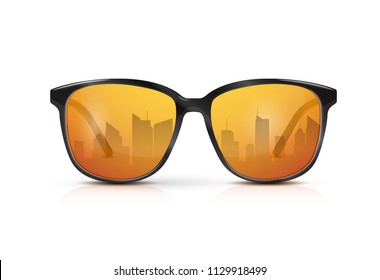 Reflection of the city in the glasses. Vector realistic modern eyeglasses with gold gradient lens. Summer vacation holiday beach pool party. 