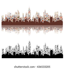 Reflection cityscape with color spots and cityscape with gray spots.