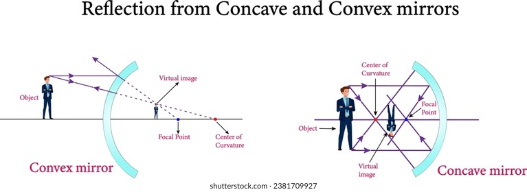 El reflejo de los espejos convexos y cóncavos, Reflexión y espejos esféricos, óptica.Ilustración vectorial.