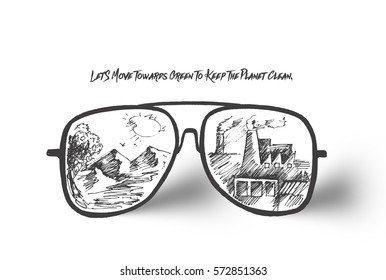Reflection of a Environmental factory air pollution in sunglasses, Hand Drawn Sketch Vector illustration.