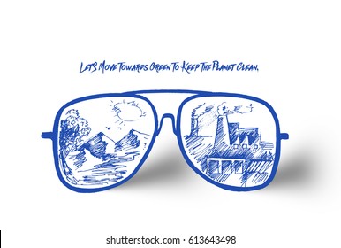 Reflection of a Environmental factory air pollution in sunglasses, Hand Drawn Sketch Vector illustration.