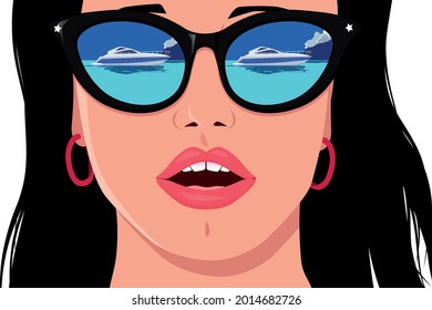 Reflection of a generic yacht or speedboat in the sunglasses of an amazed beautiful young woman, no real product or person depicted, EPS 8 vector illustration