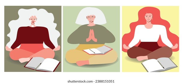 Reflexión y gratitud de personas o mujeres durante la meditación y el periodismo, ilustración de material vectorial plano como MyRealHoliday