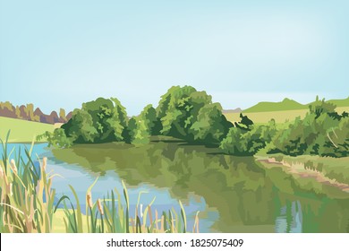 The reflection of green bushes behind the pure water lake view in the summer time