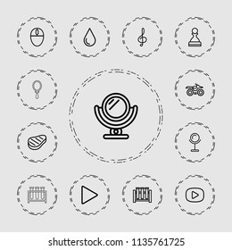 Reflection icon. collection of 13 reflection outline icons such as mirror, water drop, motorcycle, test tube, treble clef, play. editable reflection icons for web and mobile.
