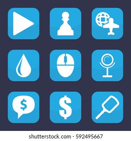 reflection icon. Set of 9 filled reflection icons such as mirror, water drop, dollar, globe and plane, play, mouse, pawn