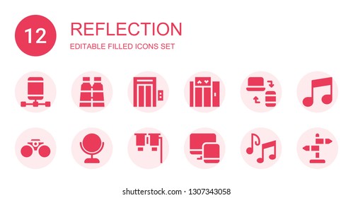reflection icon set. Collection of 12 filled reflection icons included Responsive, Binoculars, Elevator, Mirror, Music notes, Musical note, Sign
