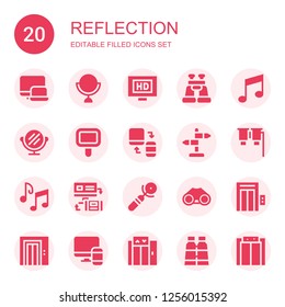 reflection icon set. Collection of 20 filled reflection icons included Responsive, Mirror, Hd, Binoculars, Music note, Sign, Music notes, Elevator